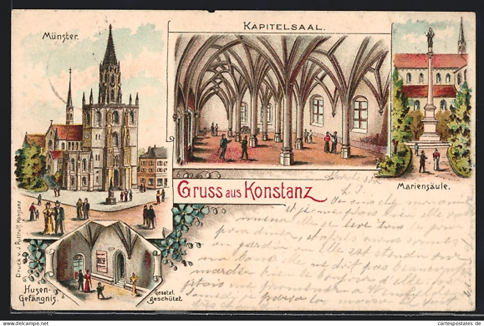 Lithographie Konstanz, Münster, Mariensäule, Husengefängnis, Blumen  - Konstanz