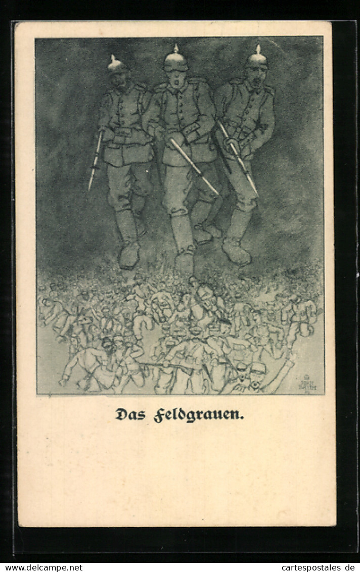 AK Das Feldgrauen, 3 Übergrosse Soldaten Bringen Den Anderen Soldaten Angst  - Weltkrieg 1914-18
