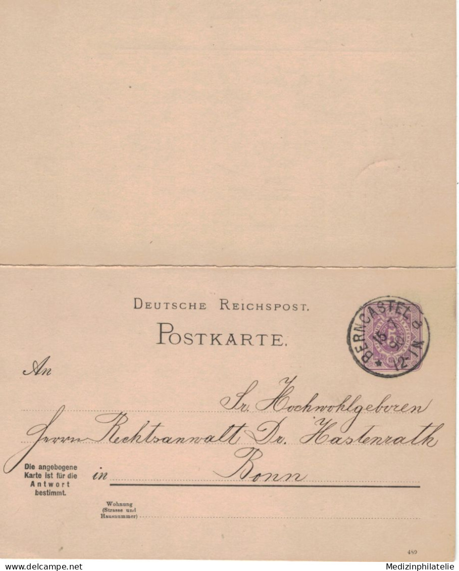 Ganzsache 5 Pfennig Mit Antwort - Louis Wehr Berncastel-Cues > RA Hastenrath Bonn - Moselschaumwein - Cartes Postales
