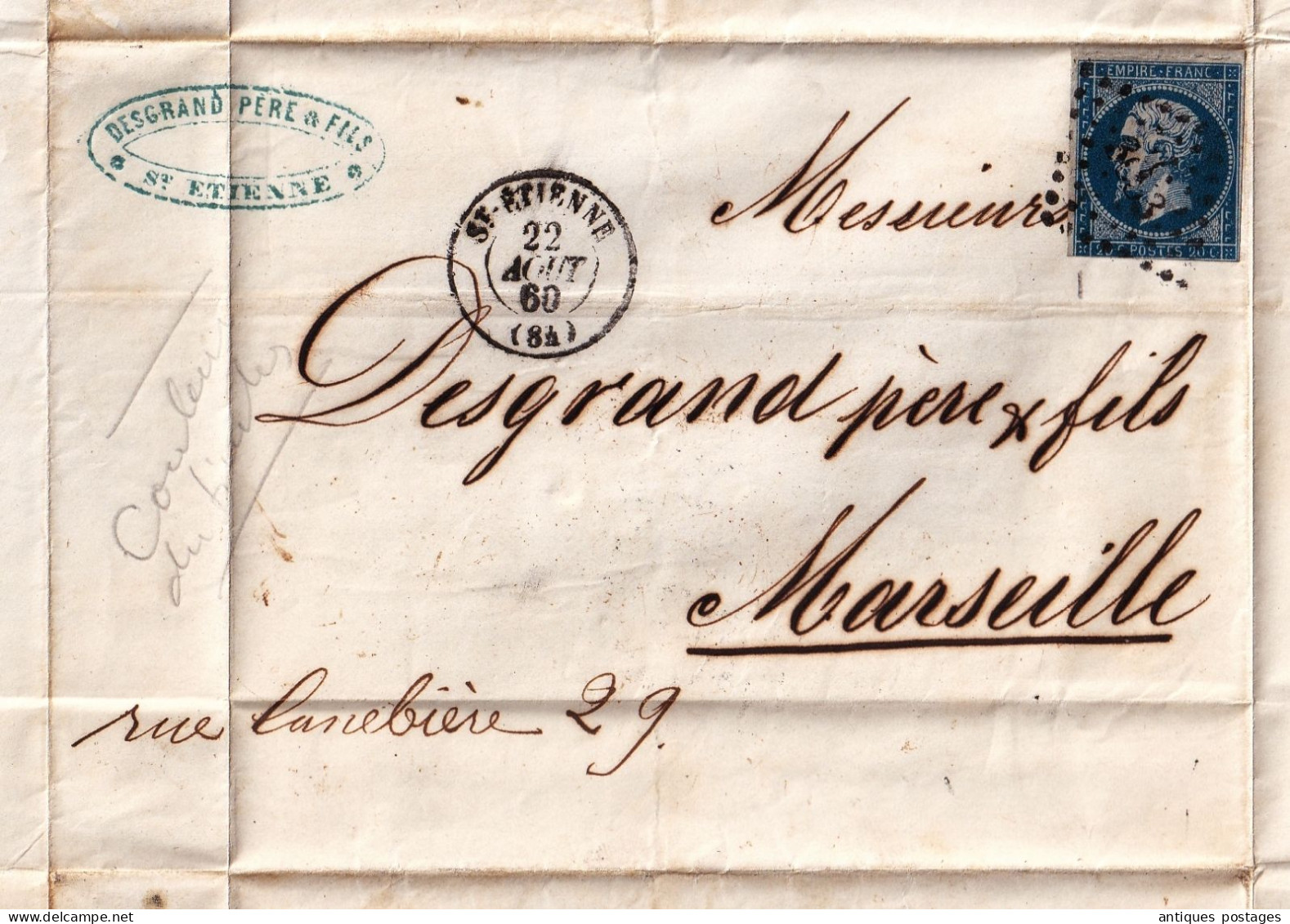 Lettre 1860 Saint Etienne Loire Desgrand Père Et Fils Marseille Bouches Du Rhône Timbre Napoléon III Non Dentelé 20c - 1862 Napoleone III