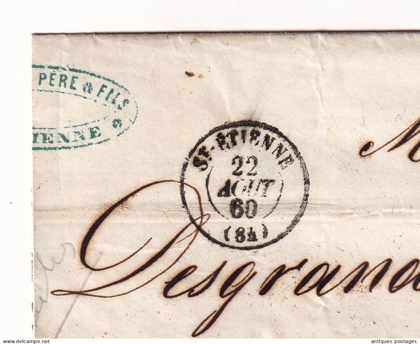 Lettre 1860 Saint Etienne Loire Desgrand Père Et Fils Marseille Bouches Du Rhône Timbre Napoléon III Non Dentelé 20c - 1862 Napoléon III