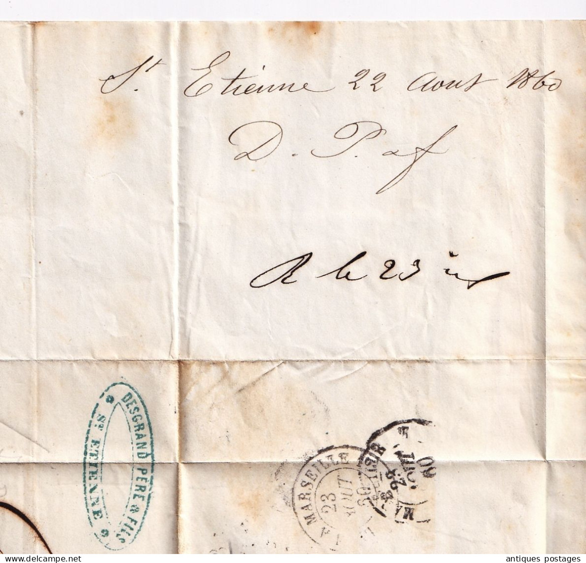 Lettre 1860 Saint Etienne Loire Desgrand Père et Fils Marseille Bouches du Rhône Timbre Napoléon III non dentelé 20c