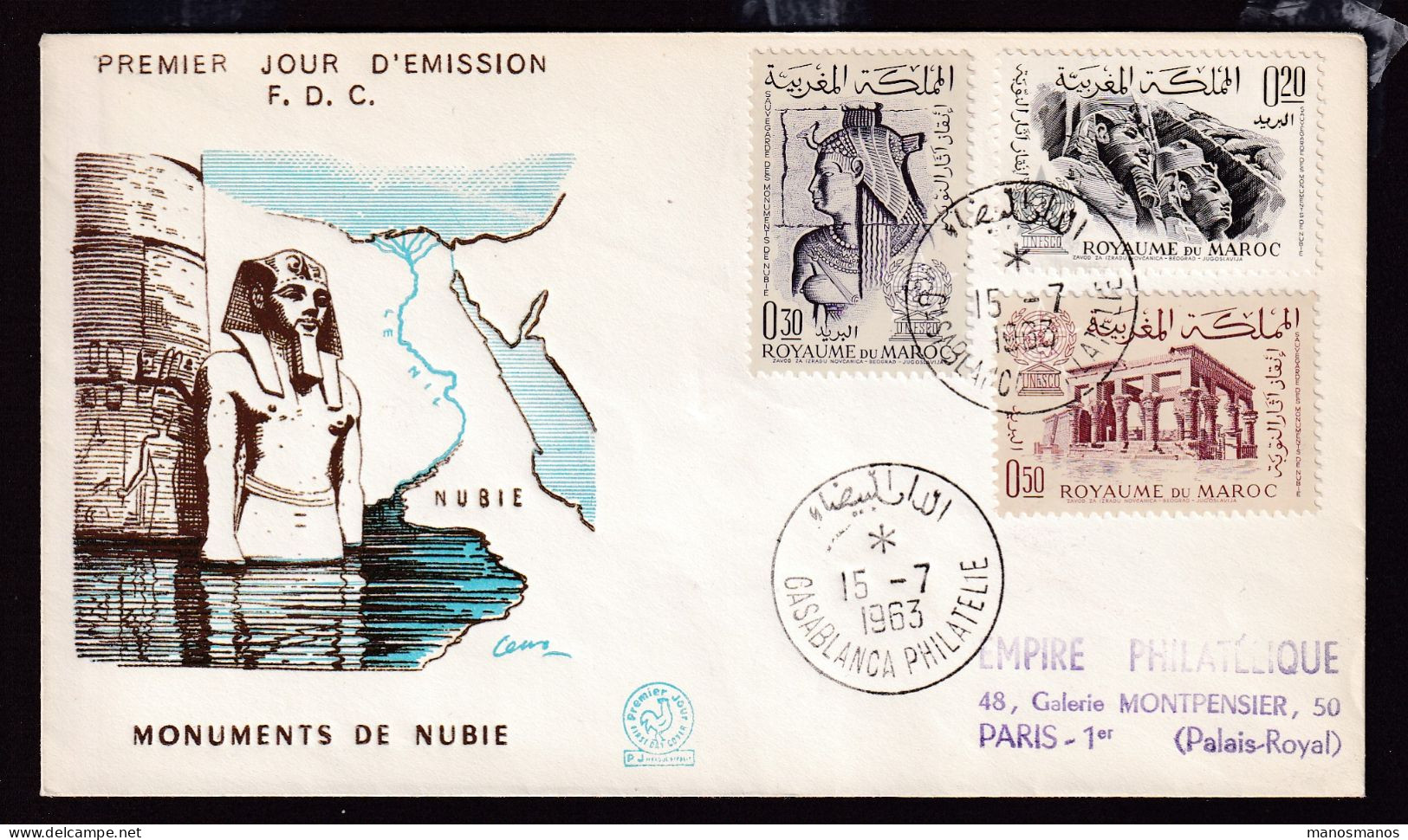 360/31 - EGYPTOLOGY - SAVE THE MONUMENTS OF NUBIA CAMPAIGN - MAROC Casablanca F.D.C. 1963 - Archäologie