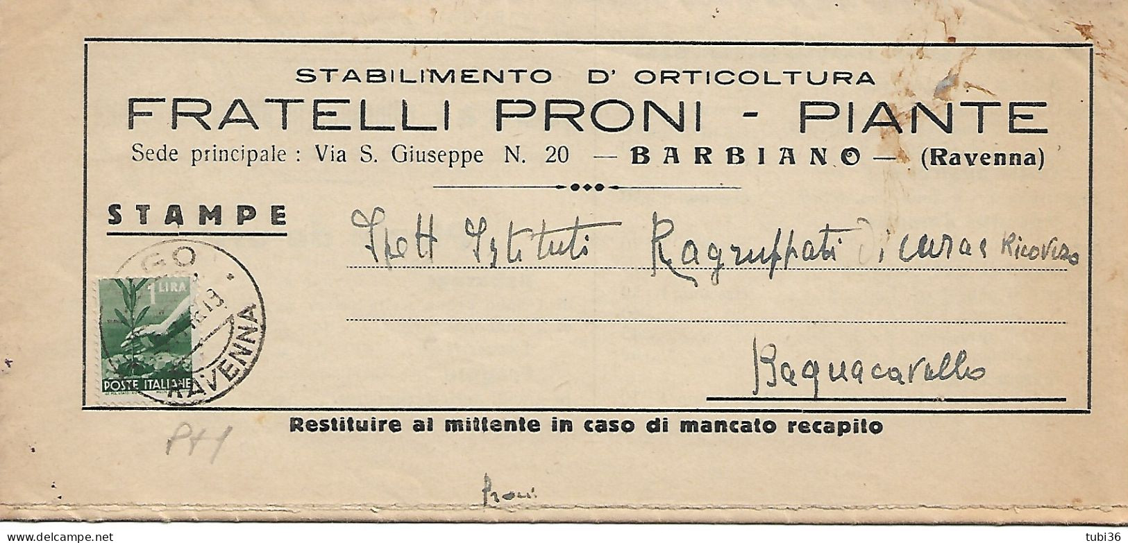 PRONI-PIANTE-ORTICOLTURA--BARBIANO (RAVENNA)-CATALOGO,LISTINO PREZZI 1946-1947- DEMOCRATICA £1- TARIFFA STAMPE,1946, - Landwirtschaftl. Anbau