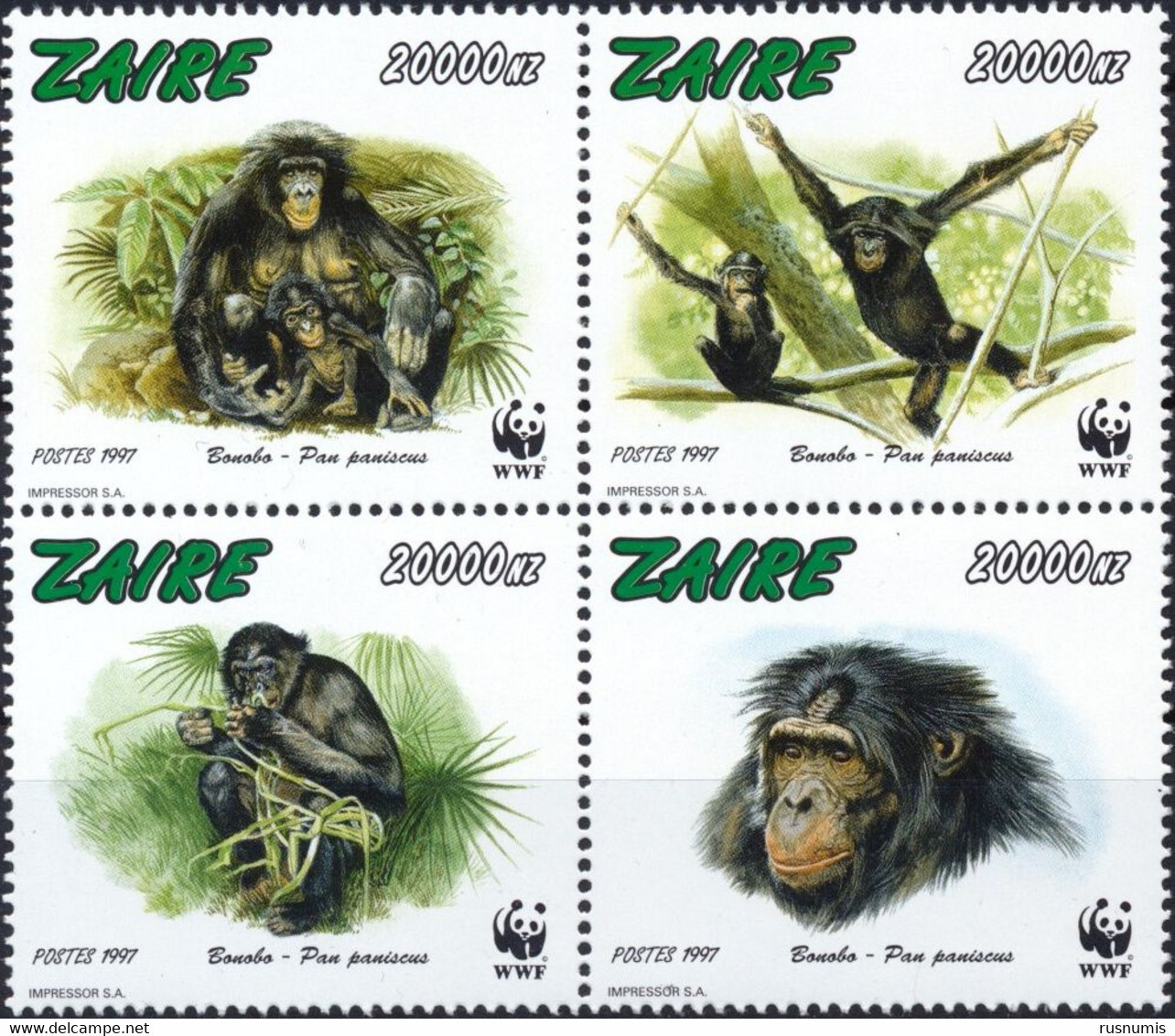 1997 ZAIRE Mi 1339-1342 MNH WWF W.W.F. FAUNA WILDLIFE MONKEYS - Unused Stamps