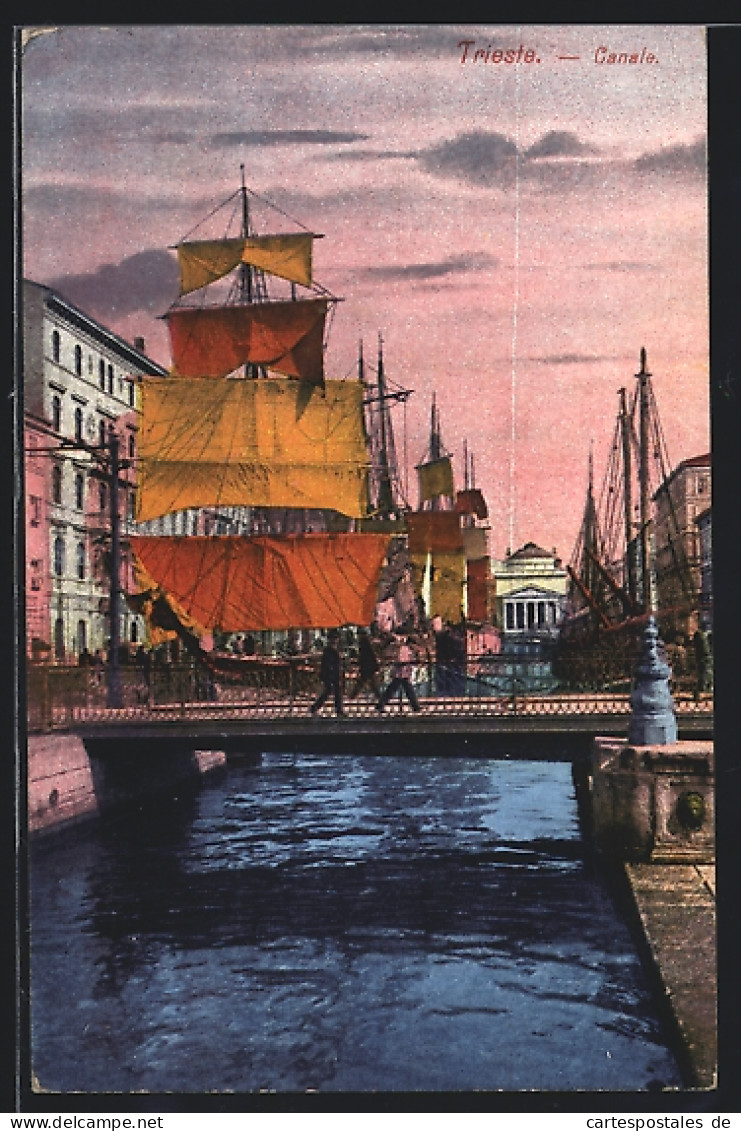 Cartolina Trieste, Canale, Grosses Segelschiff Und Brücke  - Trieste