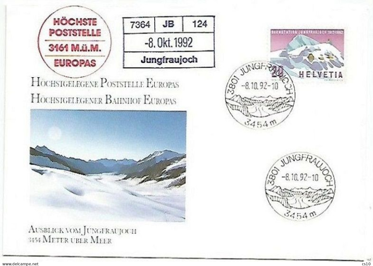 Suisse 1992 Jungfraujoch Hochste Poststelle In Europa 3161 Meters - FDC 8oct1992 - Brieven En Documenten