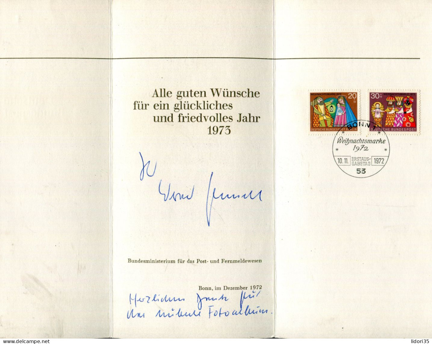 "BUNDESREPUBLIK DEUTSCHLAND" 1972, Ministerklappkarte Mit Persoenlicher Widmung Mit Ausgaben "Weihnachten" (L1266) - Cartas & Documentos