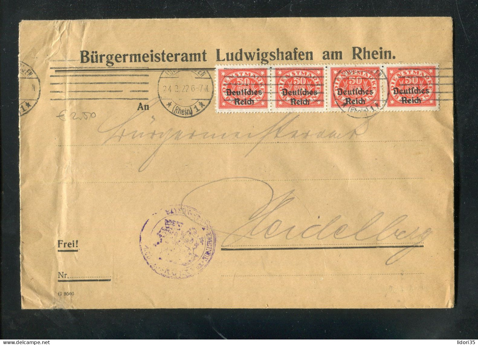 "DEUTSCHES REICH" 1922, Dienstmarke Mi. 40 4er-Streifen Auf Dienstbrief Ex Buergermeisteramt Ludwigshafen (L1272) - Officials