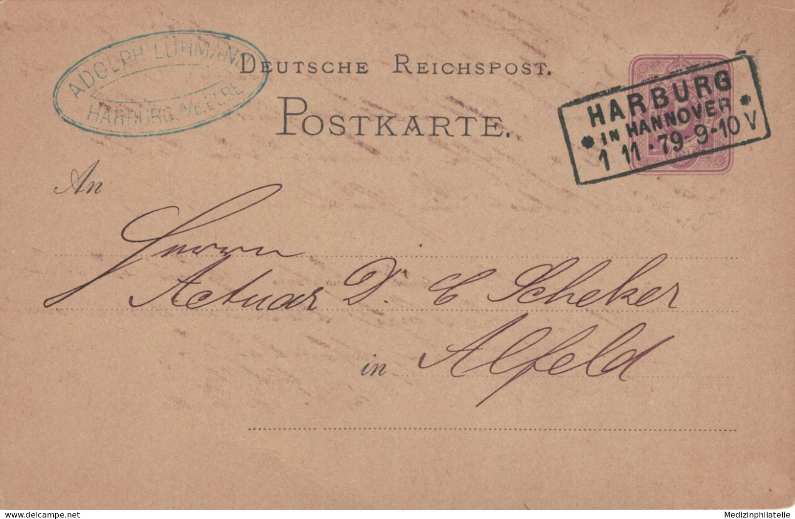 Ganzsache 5 Pfennig - Adolph Lühmann Harburg Elbe 1879 > Scheker Alfeld - Cartes Postales