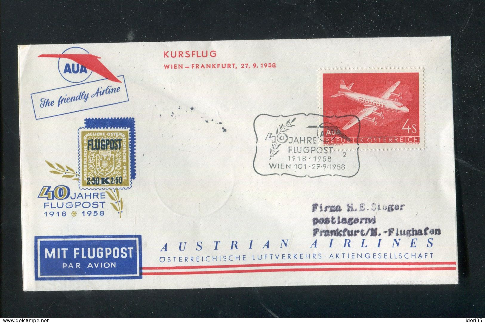 "OESTERREICH" 1958, AUA-Jubilaeumsflugbrief "Wien-Frankfurt" (L1274) - First Flight Covers