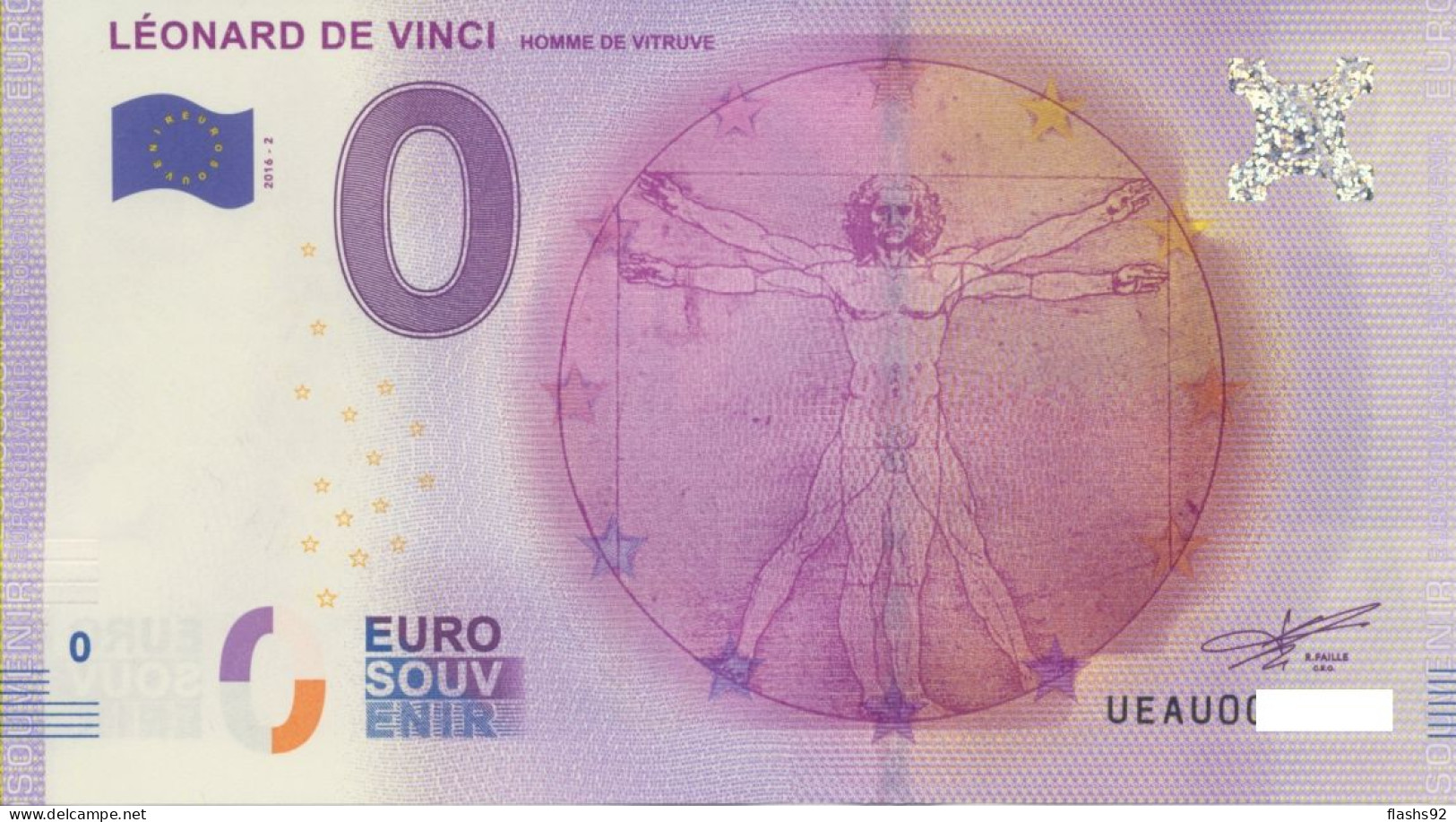 Vends Billet Souvenir Touristique 0€ Leonard De Vinci L'homme De Vitruve  2016-2 UEAU - Autres & Non Classés