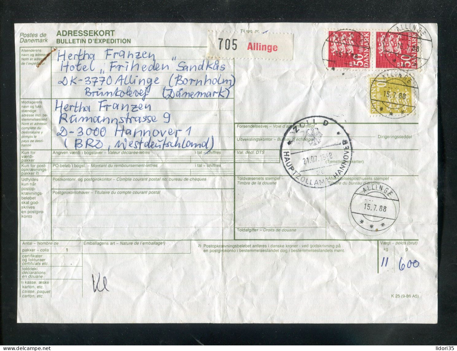 "DAENEMARK" 1988, Auslandspaketkarte Nach Deutschland, Frankatur ! (L1276) - Lettres & Documents