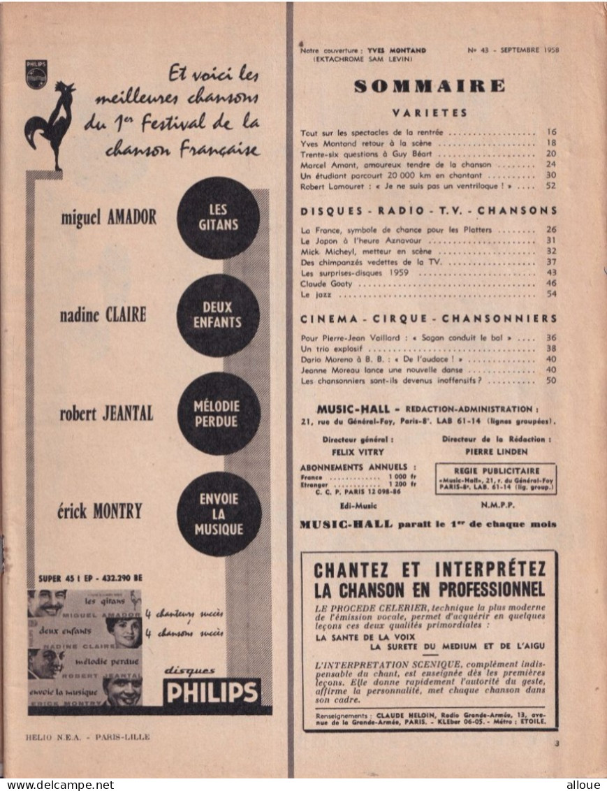 MUSIC HALL N° 43 - YVES MONTAND-MARCEL AMONT-GUY BEART-AZNAVOUR-MICK MICHEYL-CLAUDE GOATY-PLATTERS- ETC... - Música