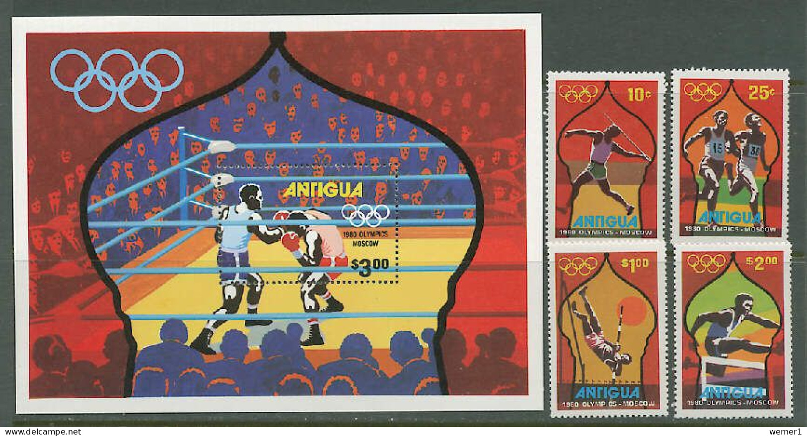 Antigua 1980 Olympic Games Moscow, Boxing, Athletics Set Of 4 + S/s MNH - Zomer 1980: Moskou