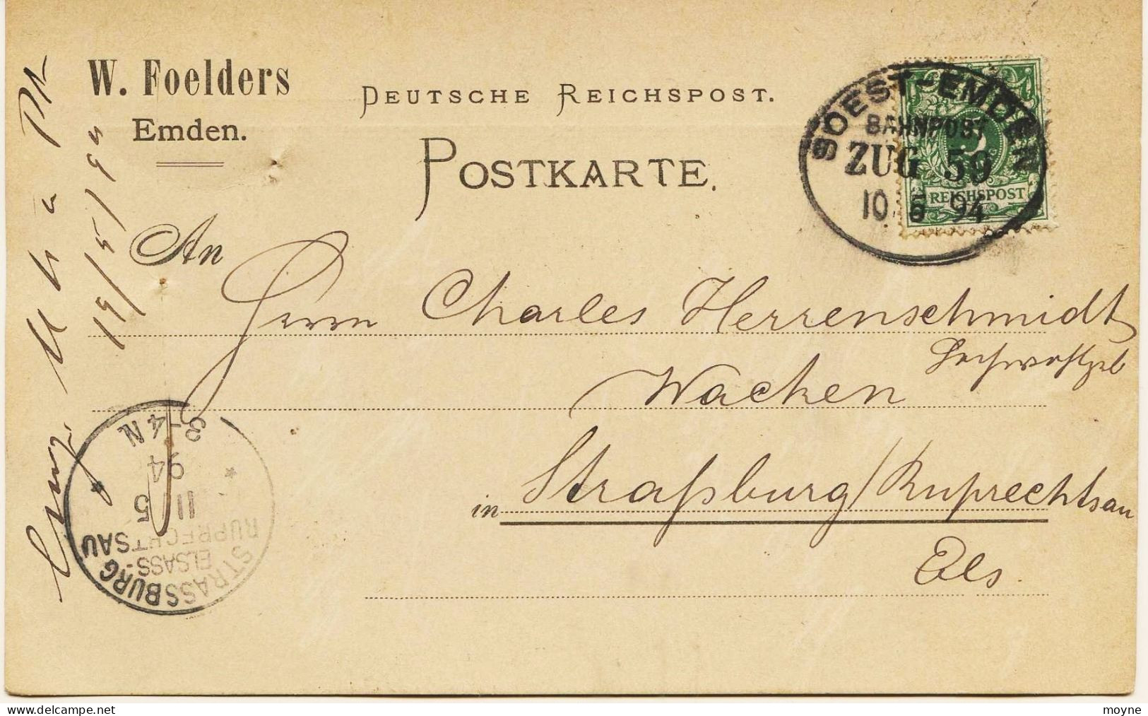 2197 -  Allemagne : POSTKARTE  - EMDEM   à   STRASBOURG   10. Mai 1894 - Cachet : SOEST-EMDEM  ZUG 59  -CIRCULEE En 1894 - Briefe U. Dokumente