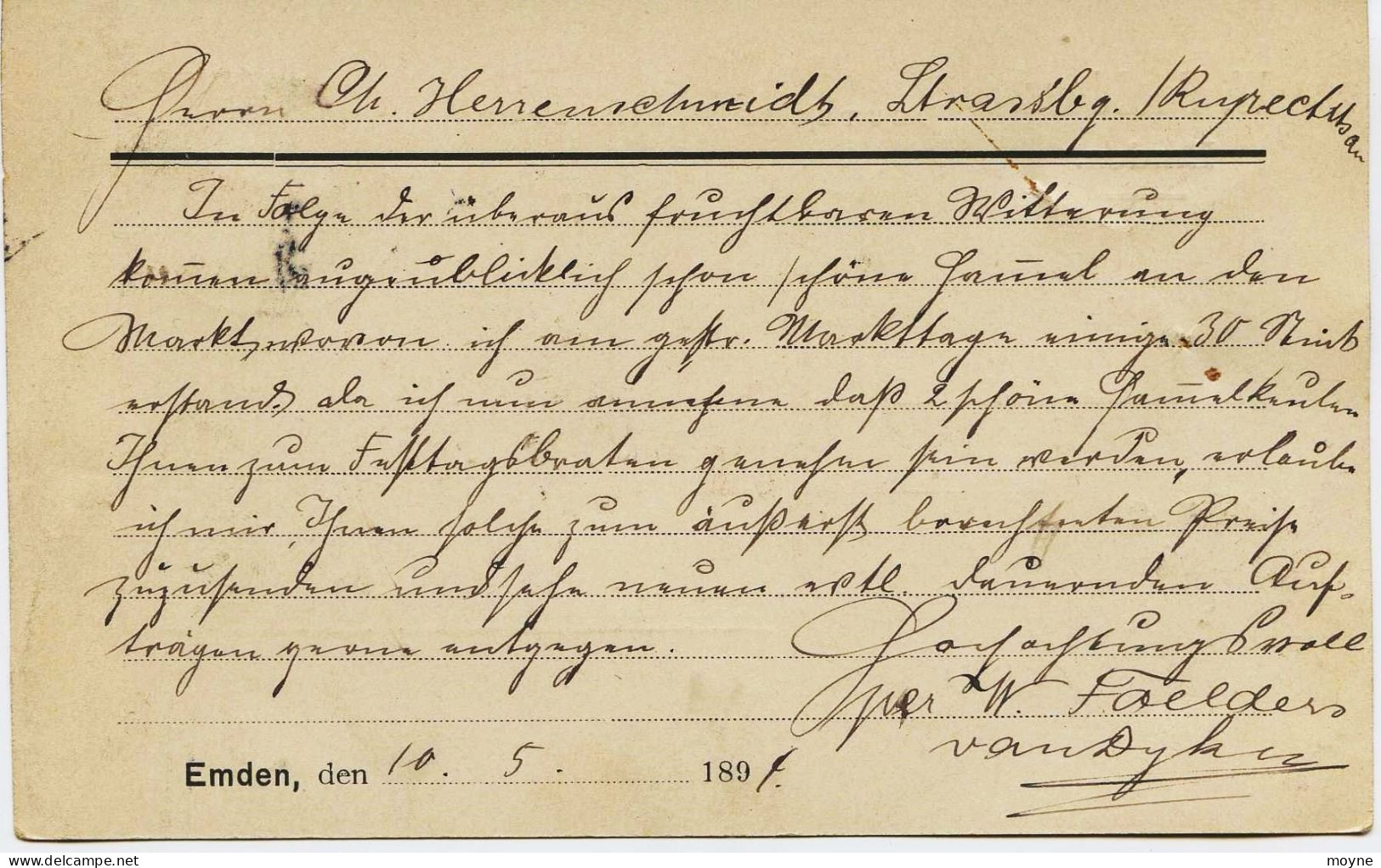 2197 -  Allemagne : POSTKARTE  - EMDEM   à   STRASBOURG   10. Mai 1894 - Cachet : SOEST-EMDEM  ZUG 59  -CIRCULEE En 1894 - Lettres & Documents