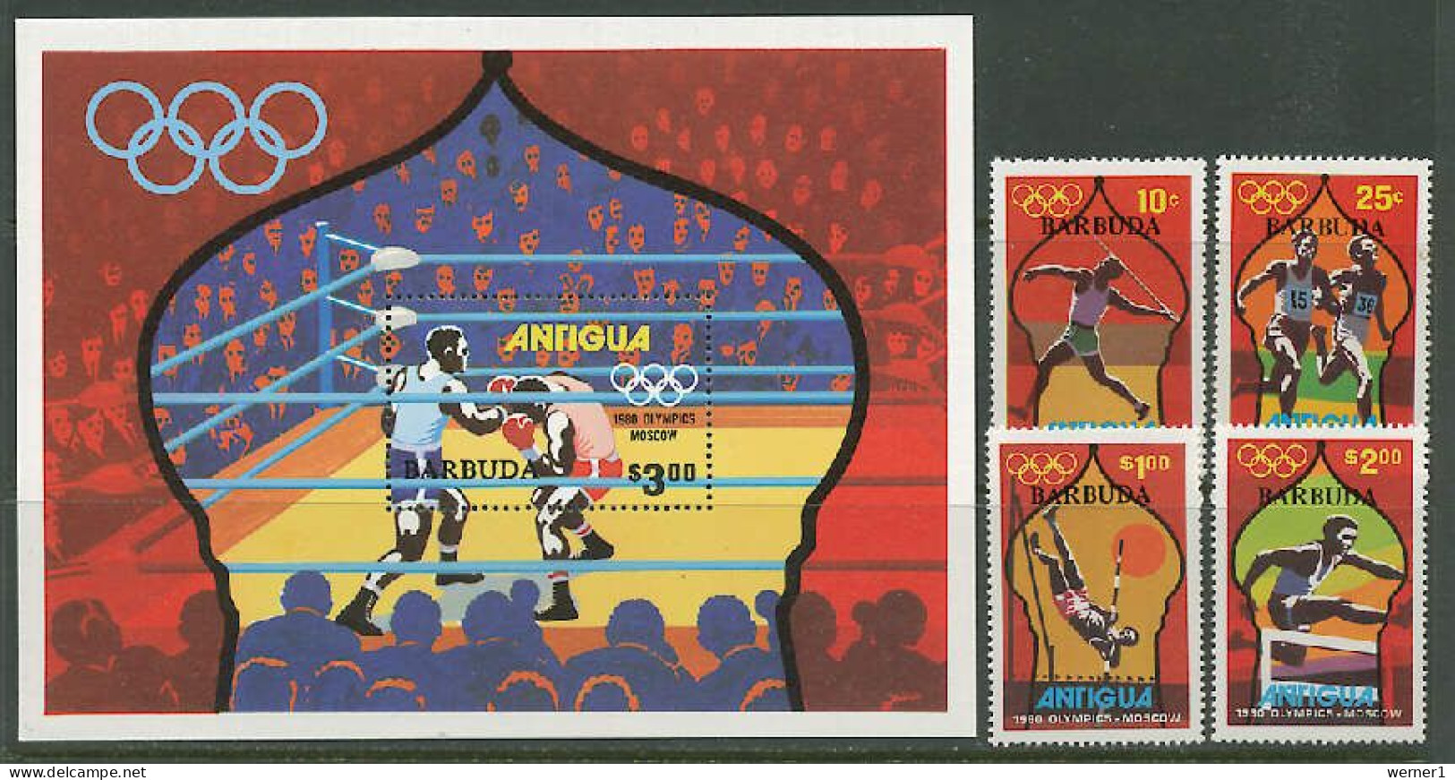 Barbuda 1980 Olympic Games Moscow, Boxing, Athletics Set Of 4 + S/s MNH - Summer 1980: Moscow