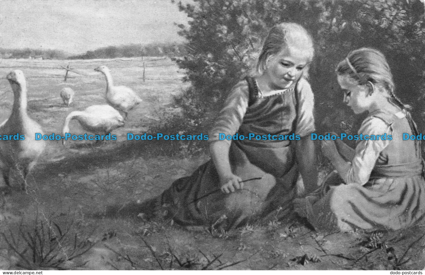 R084370 Old Postcard. Girls And Gooses - World