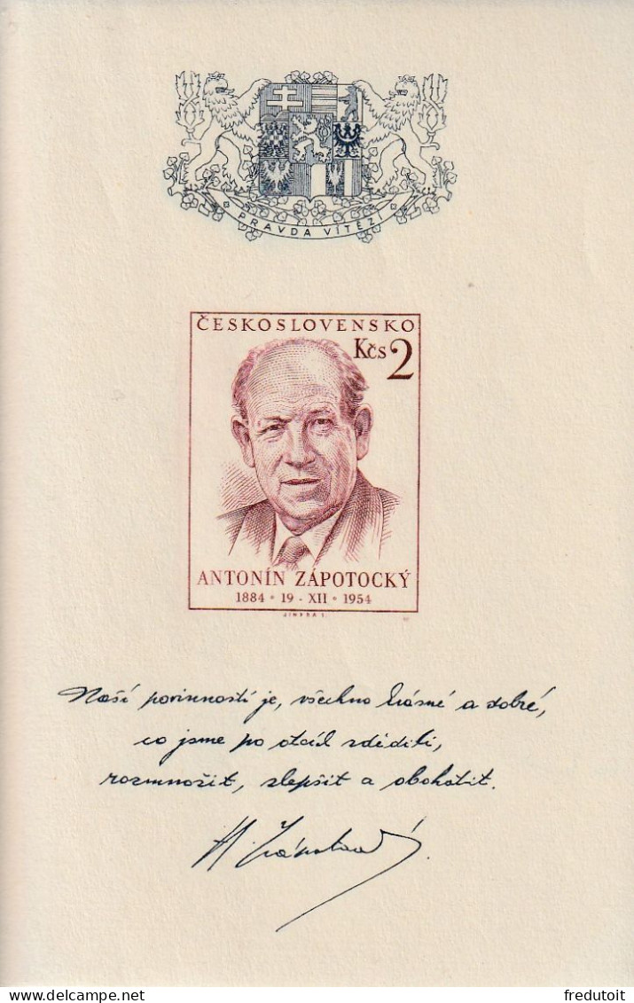 TCHECOSLOVAQUIE - BLOC N°18 ** (1954) Président Zapotocky - Blocs-feuillets