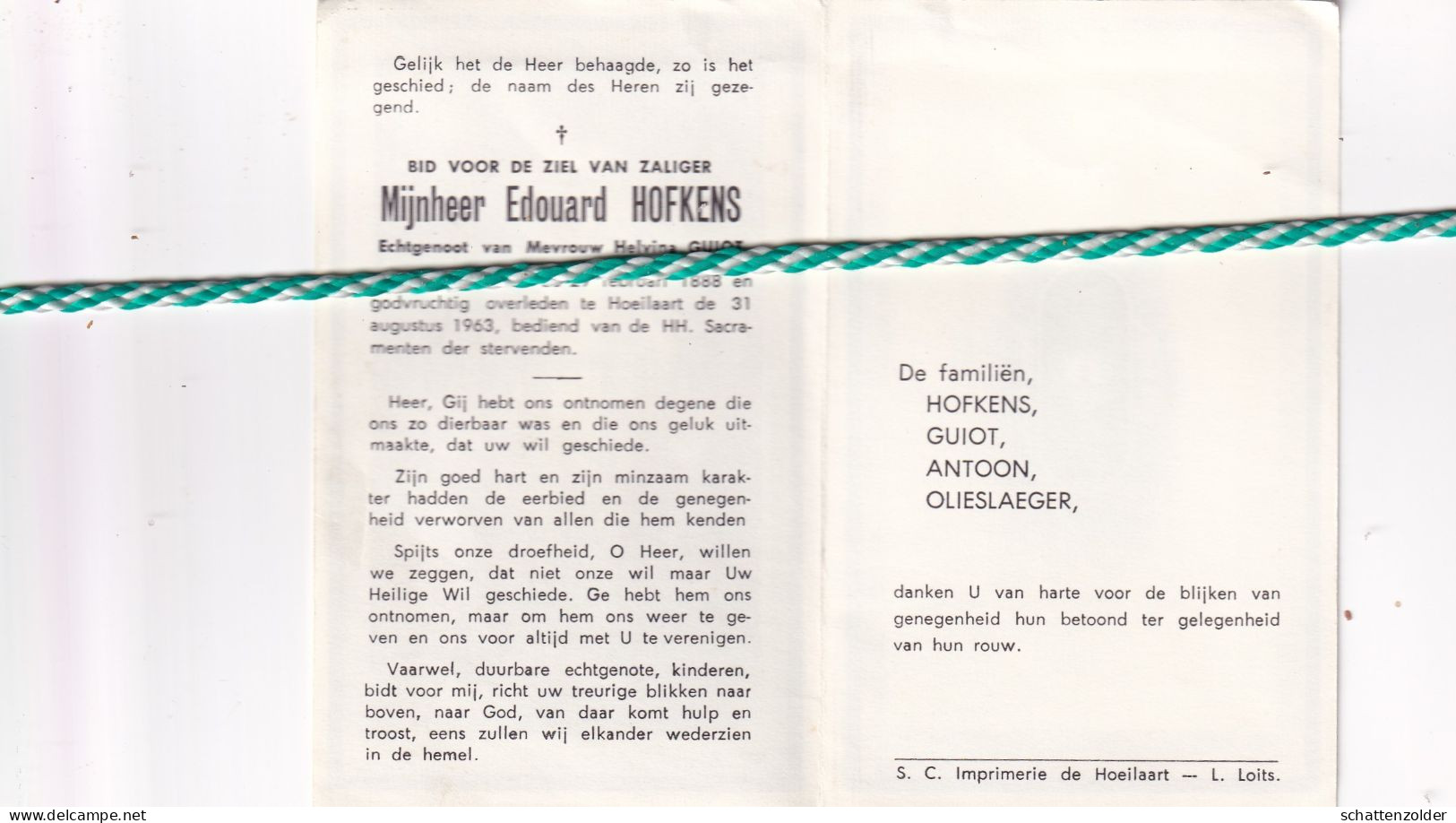 Edouard Hofkens-Guiot, Wanne 1888, Hoeilaart 1963 - Décès