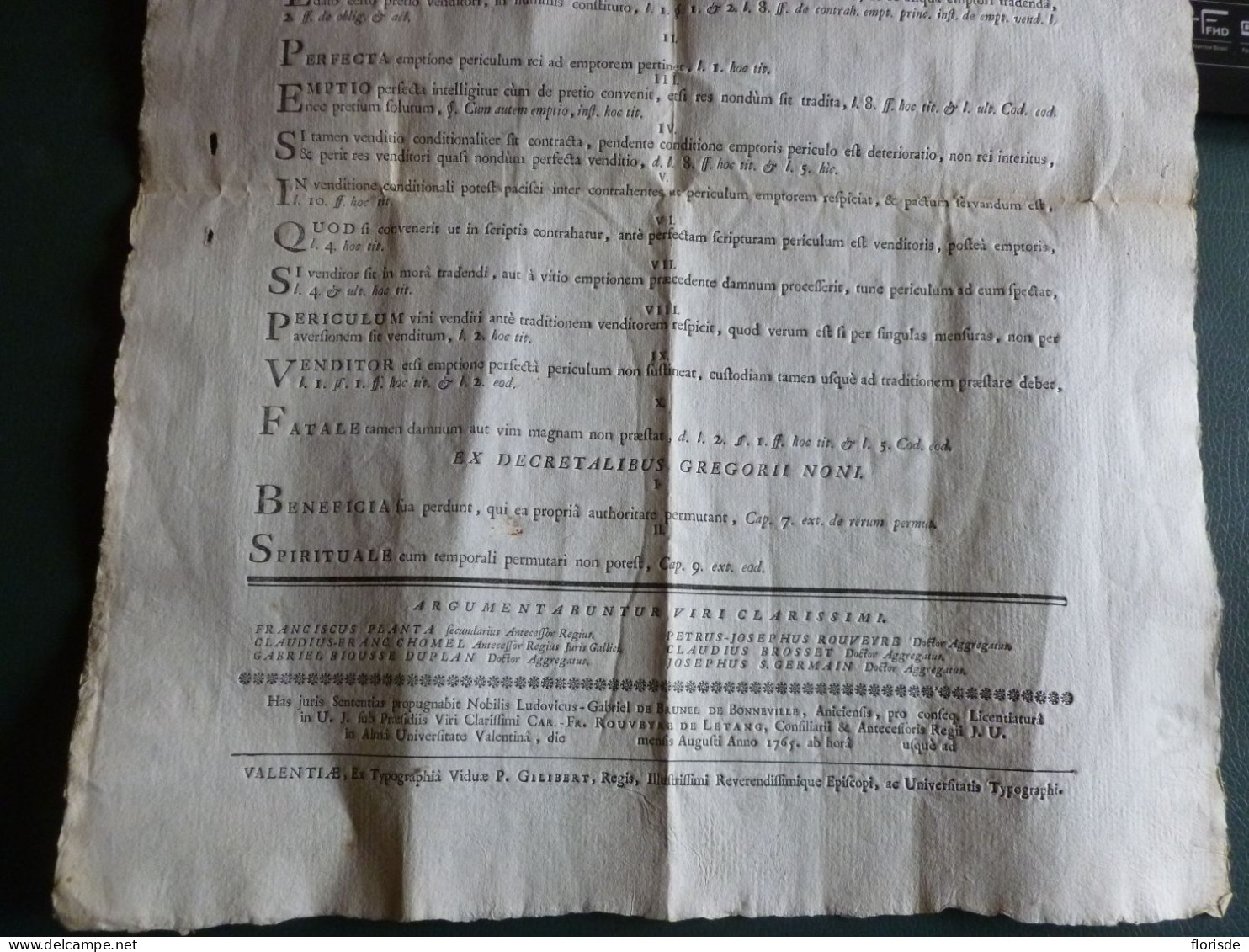 Document En Latin De Jurisprudence Sur Les Risques Et Les Avantages Du Bien Vendu - 1765 - Historical Documents
