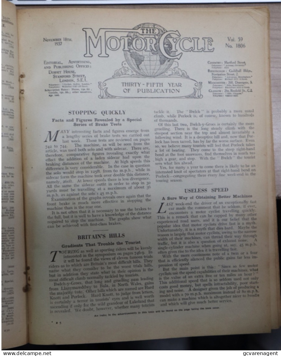 THE MOTOR CYCLE  - JUNE 17th 1937 N° 1784  TO NOVEMBER 18th 1937  = 270 X 215 X 5 CM  = BOUND EPISODES  SEE IMAGES