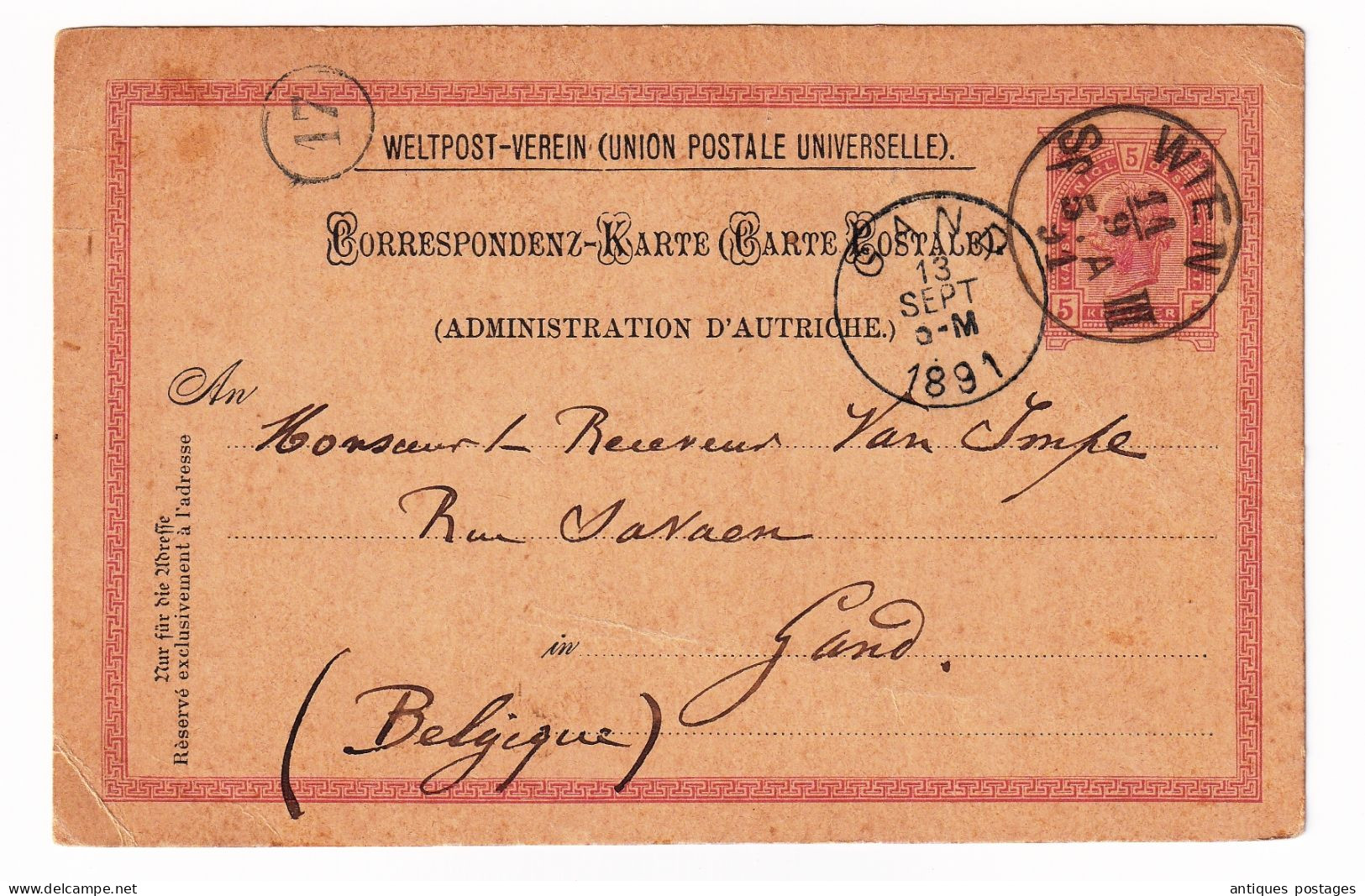 Correspondenz Karte 1891 Wien Österreich Austria Gand Belgique Autriche Postal Stationery Union Postale Universelle - Cartes Postales