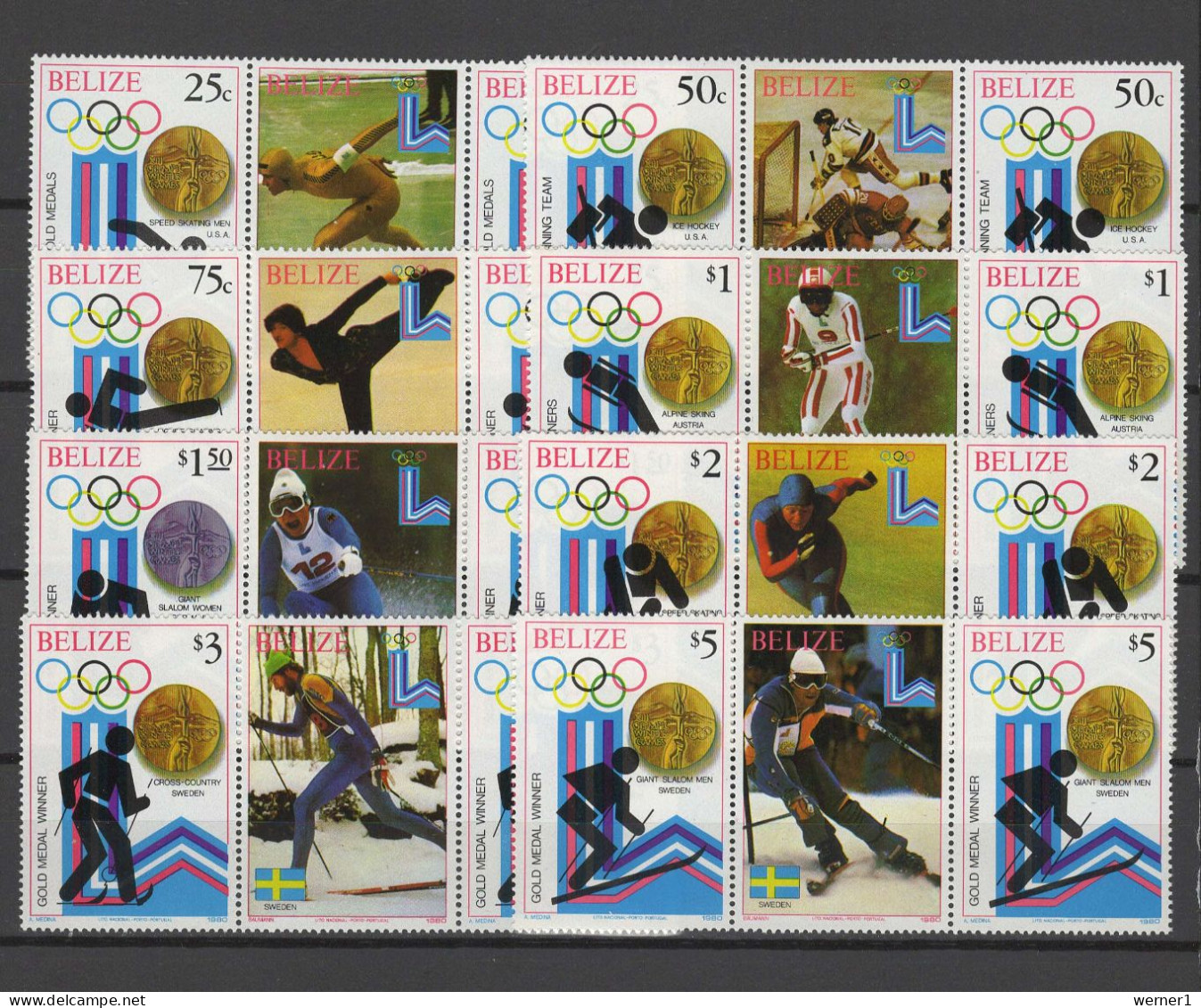 Belize 1980 Olympic Games Lake Placid Set Of 8 In Gutterpairs MNH - Inverno1980: Lake Placid