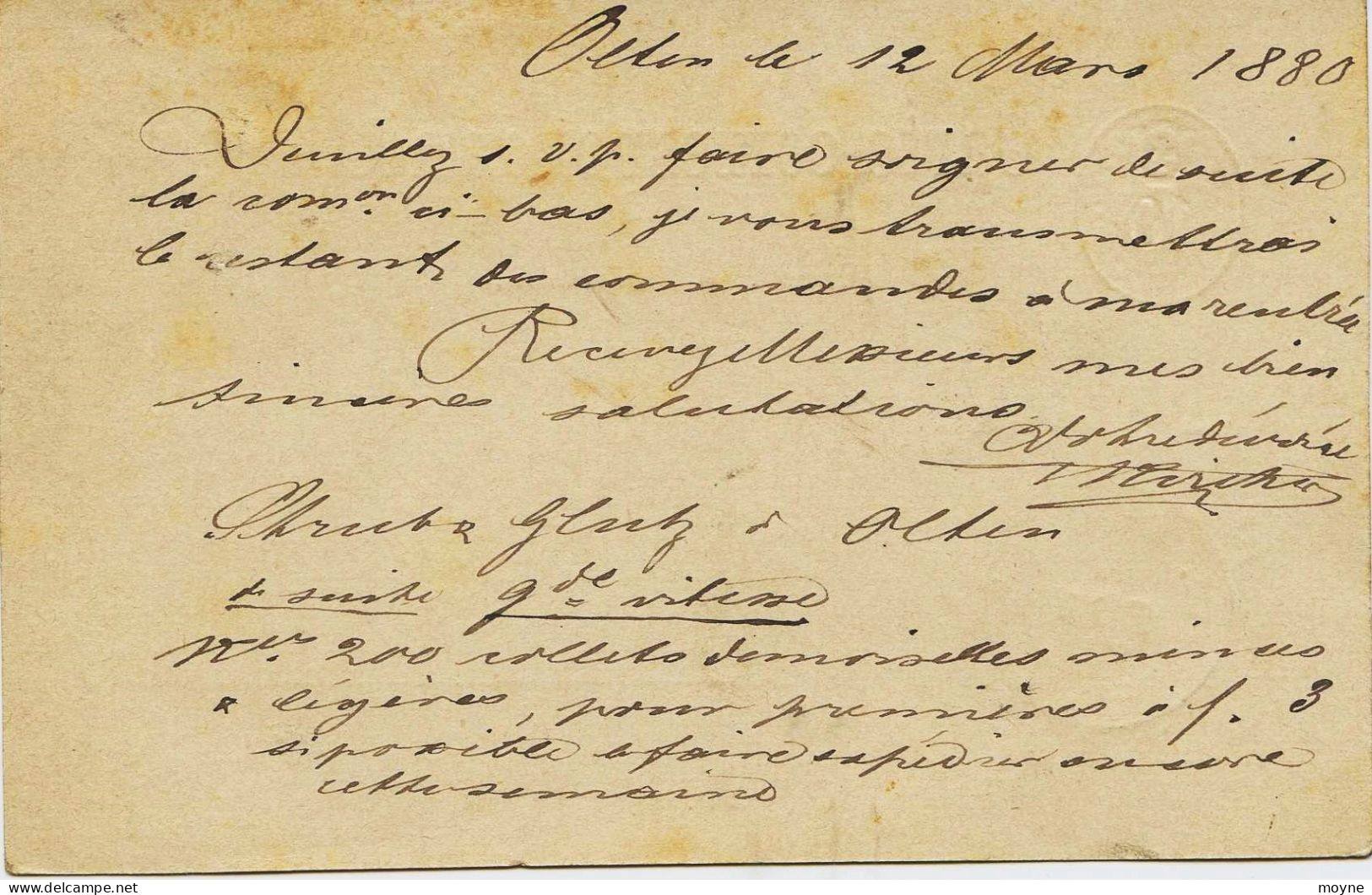 2202 - Suisse - ENTIER POSTAL  De  OLTEN   à STRASBOURG    Circulée Le 12.03.1880  (précurseur ) - Andere & Zonder Classificatie