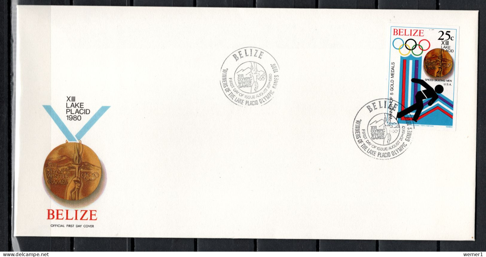 Belize 1980 Olympic Games Lake Placid Stamp Imperf. On FDC - Invierno 1980: Lake Placid