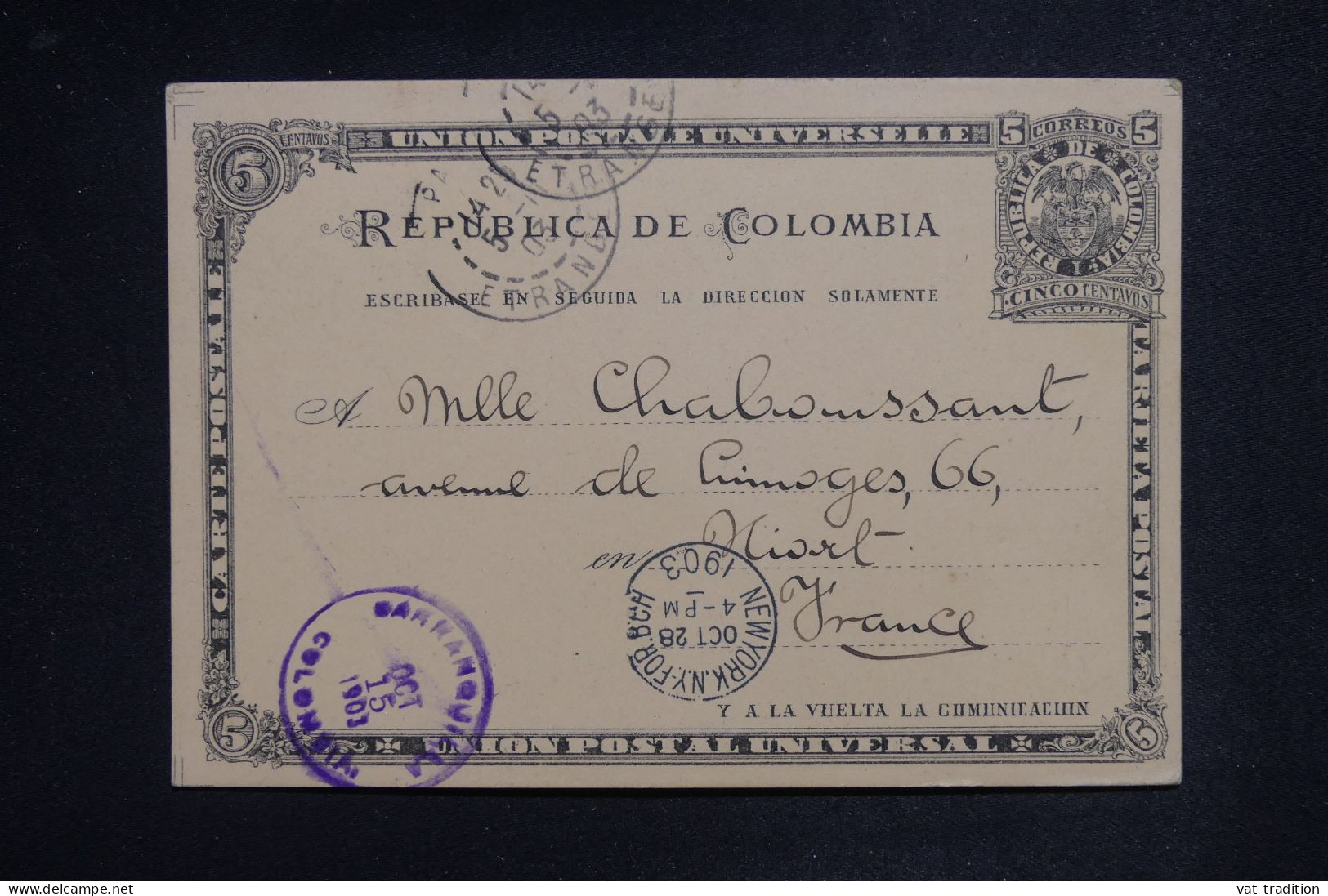 COLOMBIE - Entier De Bogota Avec Transit Pas New York > La France - 1903 - A 2967 - Colombia