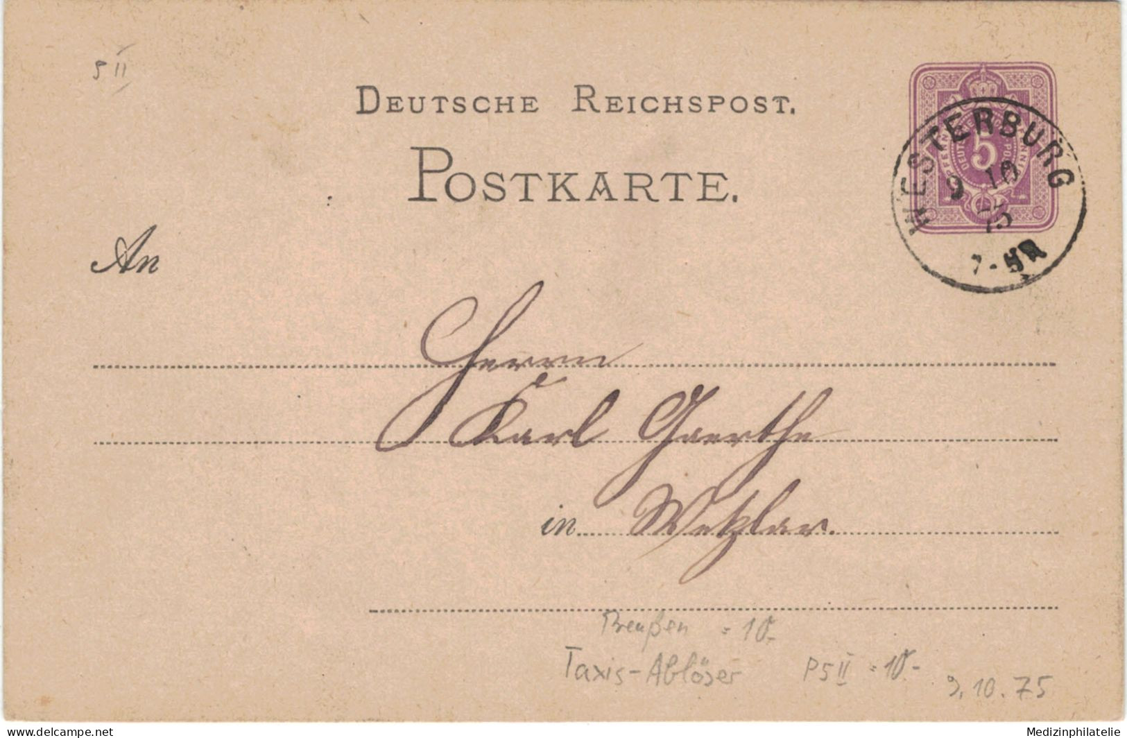 Ganzsache 5 Pfennig - Wolf Westerburg 1873 > Wetzlar - Cartes Postales