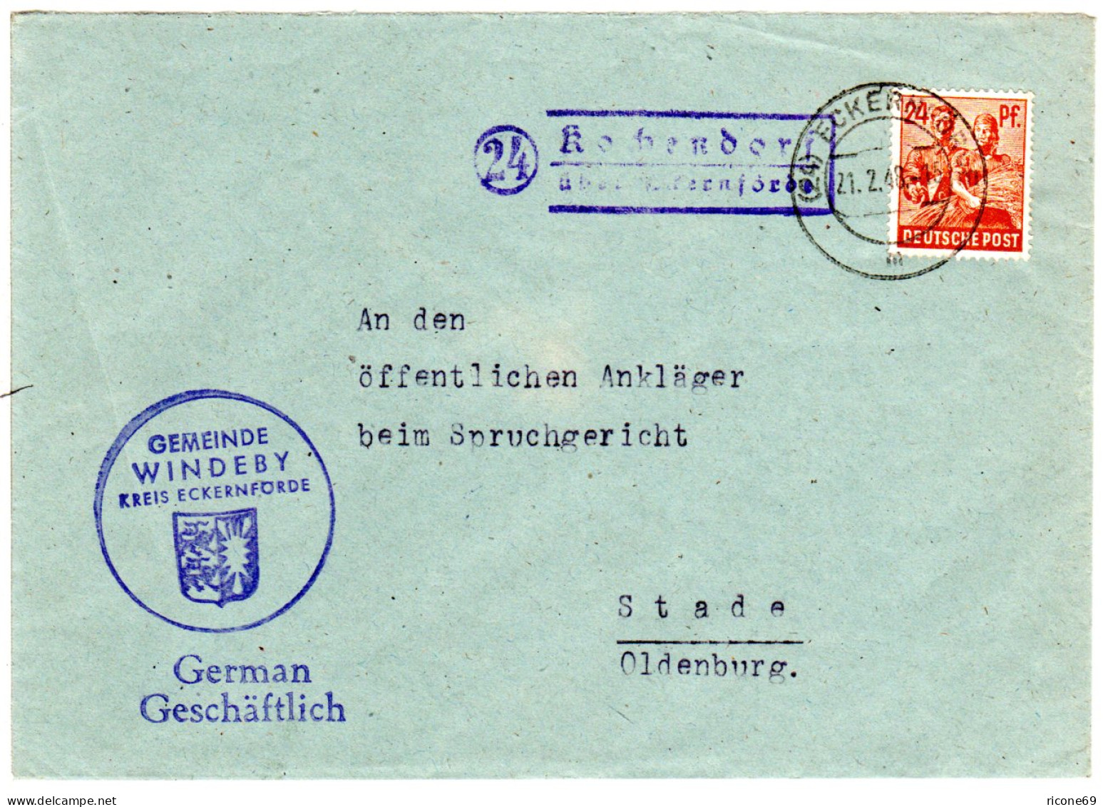 1948, Landpost Stpl. 24 KOCHENDORF über Eckernförde Auf Gemeinde Brief M. 24 Pf. - Brieven En Documenten