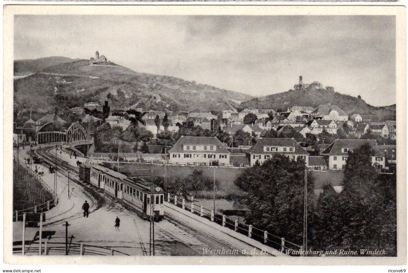 Weinheim A.d. Bergstrasse, Gesamtansicht M. Trambahn, 1934 Gebr. Sw-AK - Sonstige & Ohne Zuordnung