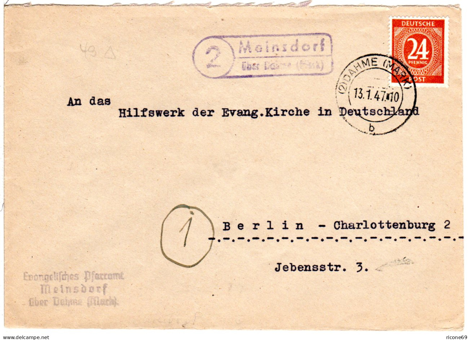 1947, Landpost Stpl. 2 MEINSDORF über Dahme (Mark) Auf Pfarramt Brief M. 24 Pf. - Briefe U. Dokumente