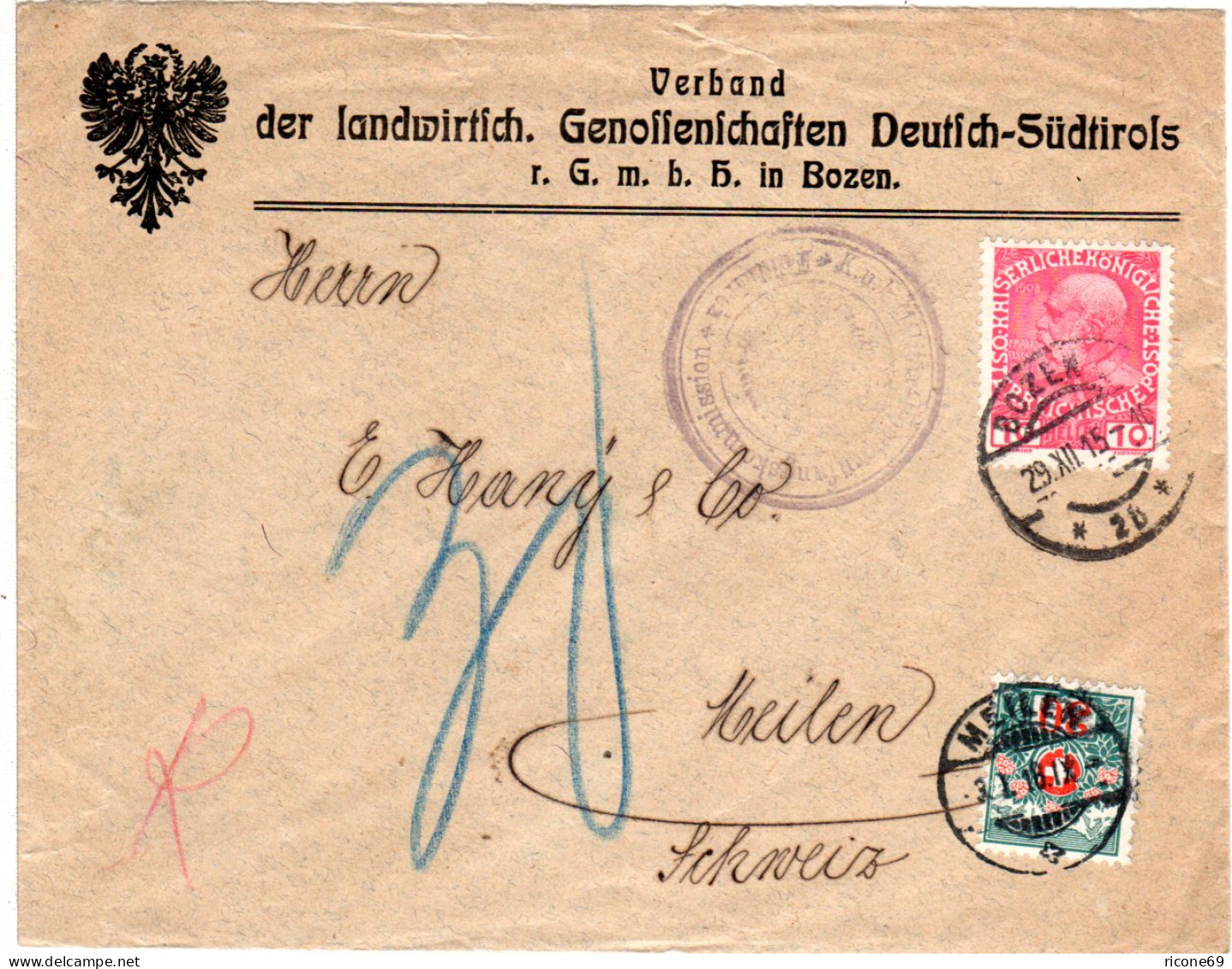 Österreich 1915, 10 H. Auf Firmenbrief V. Bozen M. 10 C. Schweiz Portomarke. - Cartas & Documentos
