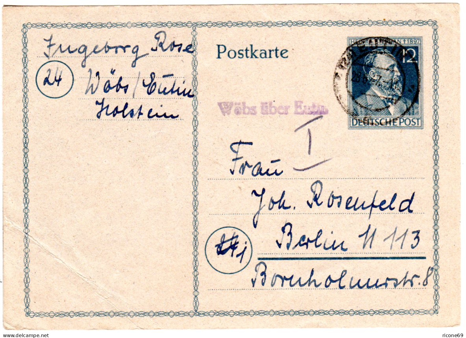 1947, Landpost Stpl. WÖBS über Eutin Auf 12 Pf. Ganzsache - Storia Postale