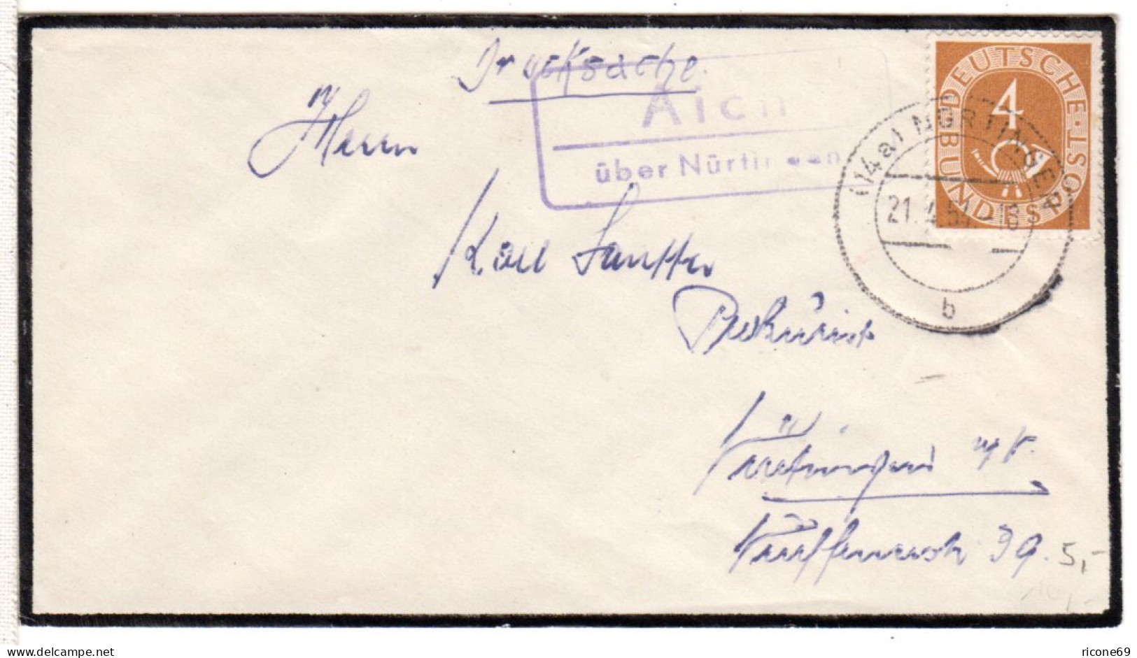 BRD 1954, Landpost Stpl. AICH über Nürtingen Auf Trauer Brief M. 4 Pf. Posthorn - Briefe U. Dokumente