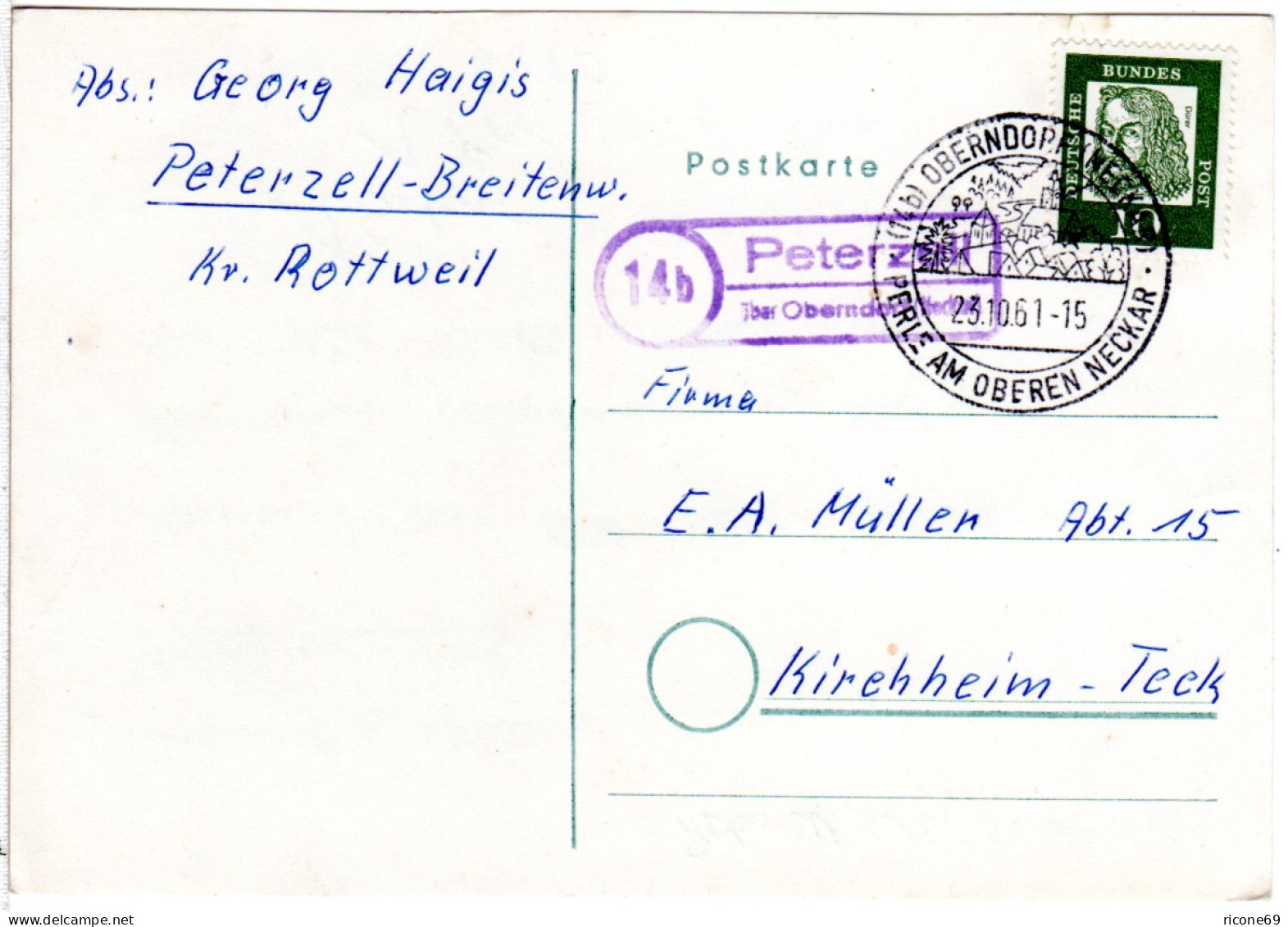 BRD 1961, Landpost Stpl. 14b PETERZELL über Oberndorf Auf Karte M. 10 Pf.  - Lettres & Documents