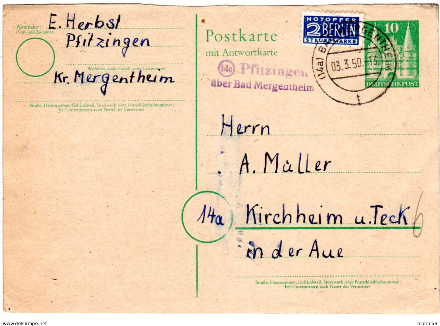 BRD 1950, Landpost Stpl. 14a PFITZINGEN über Bad Mergentheim Auf 10 Pf Ganzsache - Brieven En Documenten