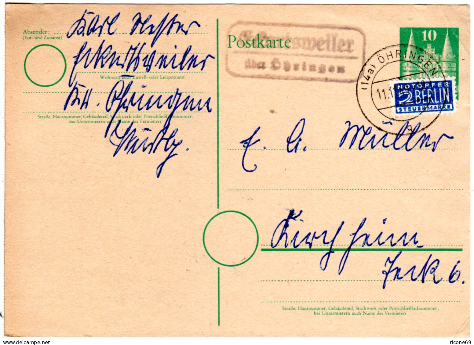BRD 1949, Landpost Stpl. ECKARTSWEILER über Öhringen Auf 10 Pf. Ganzsache - Storia Postale