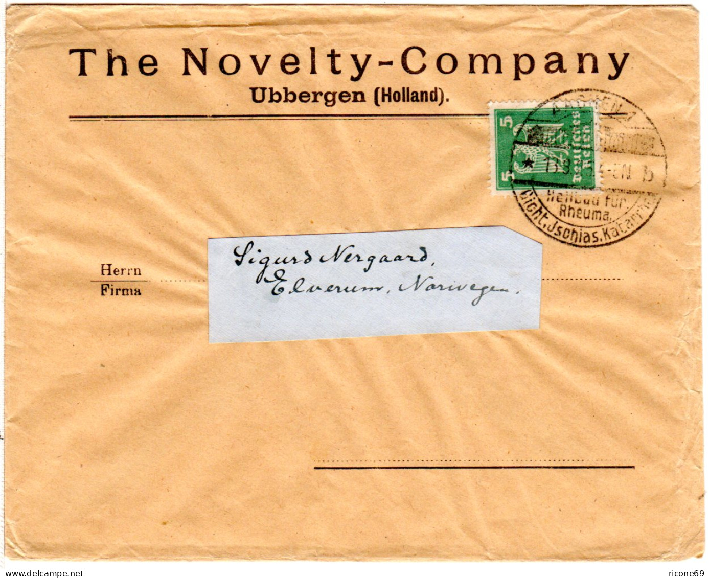 DR 1925, EF 5 Pf. Auf Firmen Brief V. UBBERGEN Holland Ab Aachen N. Norwegen. - Covers & Documents
