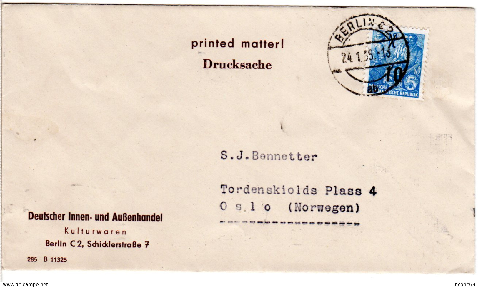 DDR 1956, EF 10/12 Pf. Auf Drucksache Brief V. Berlin N. Norwegen - Storia Postale