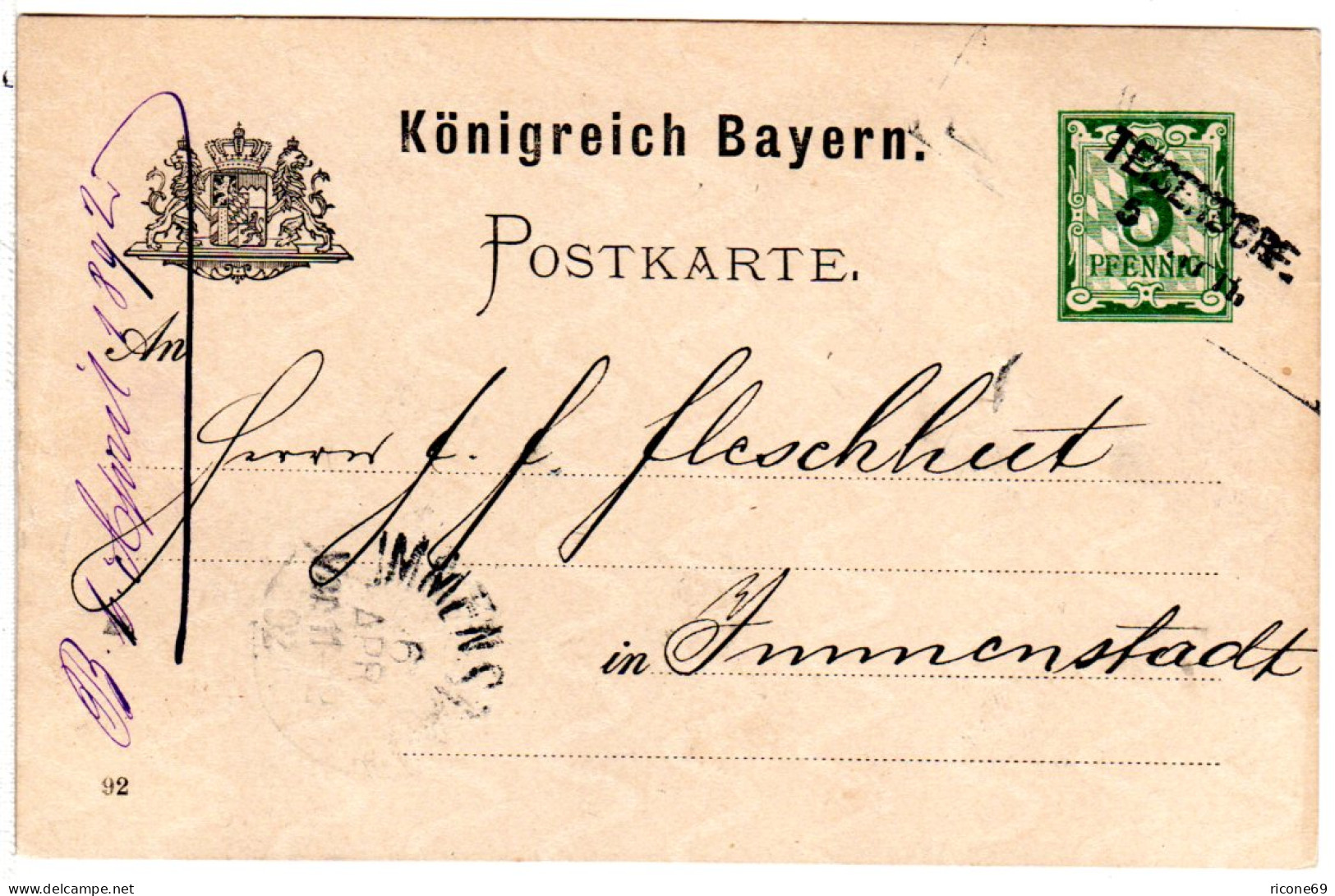Bayern 1892, L2-Aushilfstempel TEISENDORF Auf 5 Pf. Ganzsache - Storia Postale