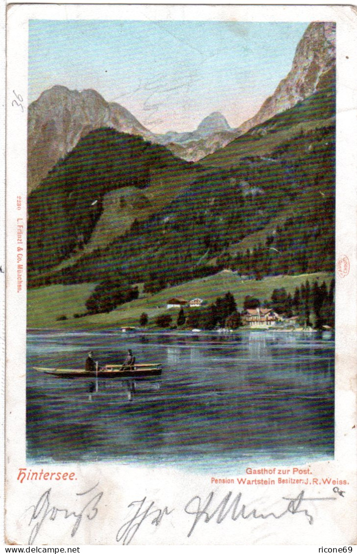 Bayern 1901, K1 HINTERSEE Auf Farb-AK Gasthof Zur Post M. 5 Pf.  - Storia Postale