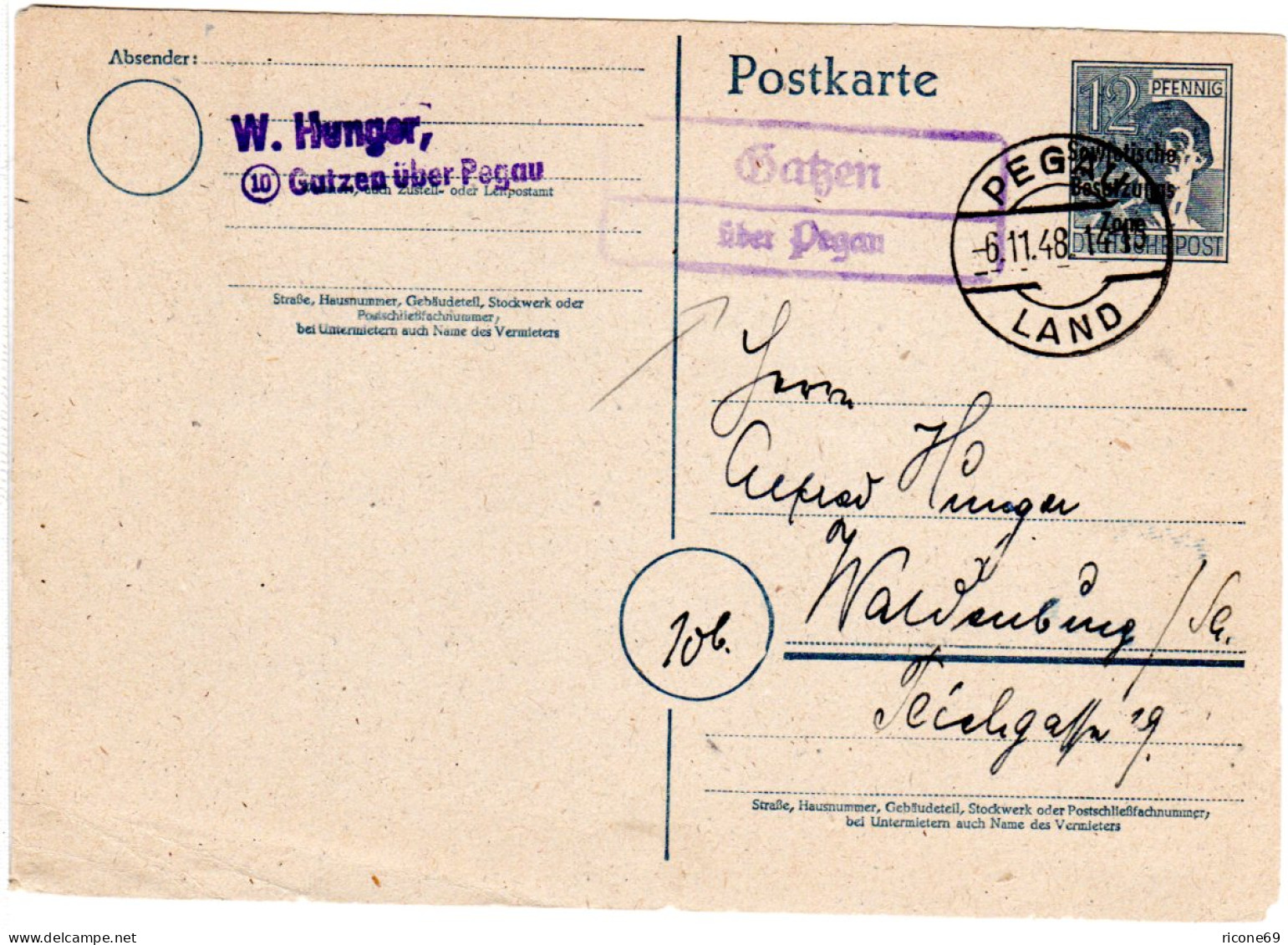 SBZ 1948, Landpost Stempel GATZEN über Pegau Auf 12 Pf. Ganzsache  - Brieven En Documenten