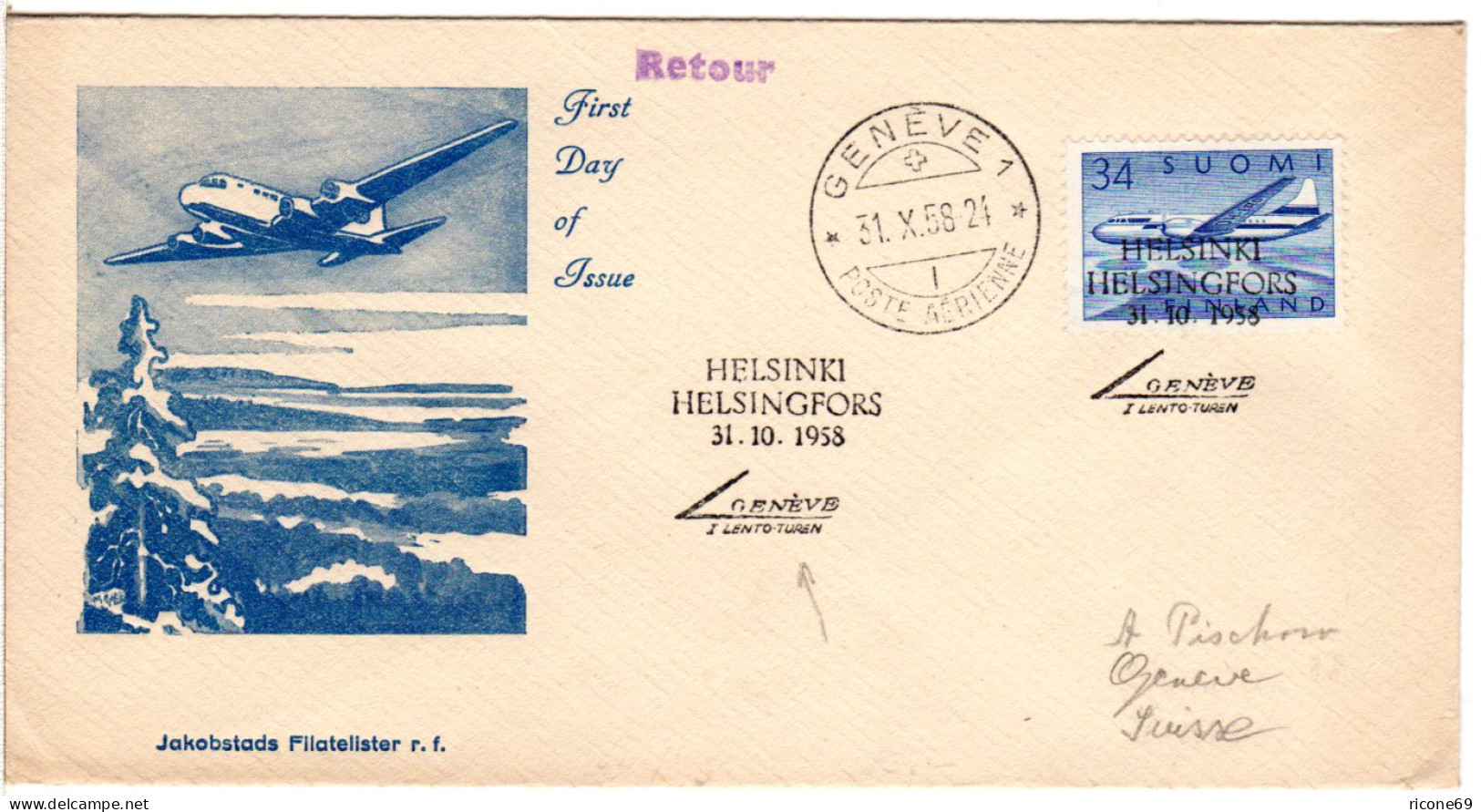 Finnland 1958, 34 M. Auf Erstflug Brief Helsinki-Genf, Schweiz. (SLH 58.14) - Altri & Non Classificati