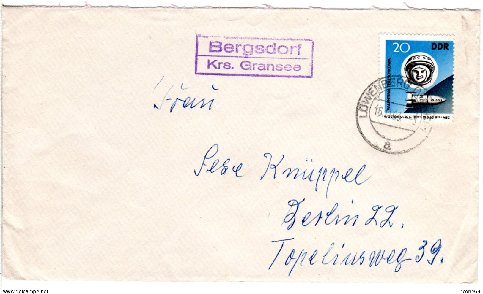 DDR 1963, Landpost Stpl. BERGSDORF Krs. Gransee Auf Brief M. 20 Pf. - Cartas & Documentos