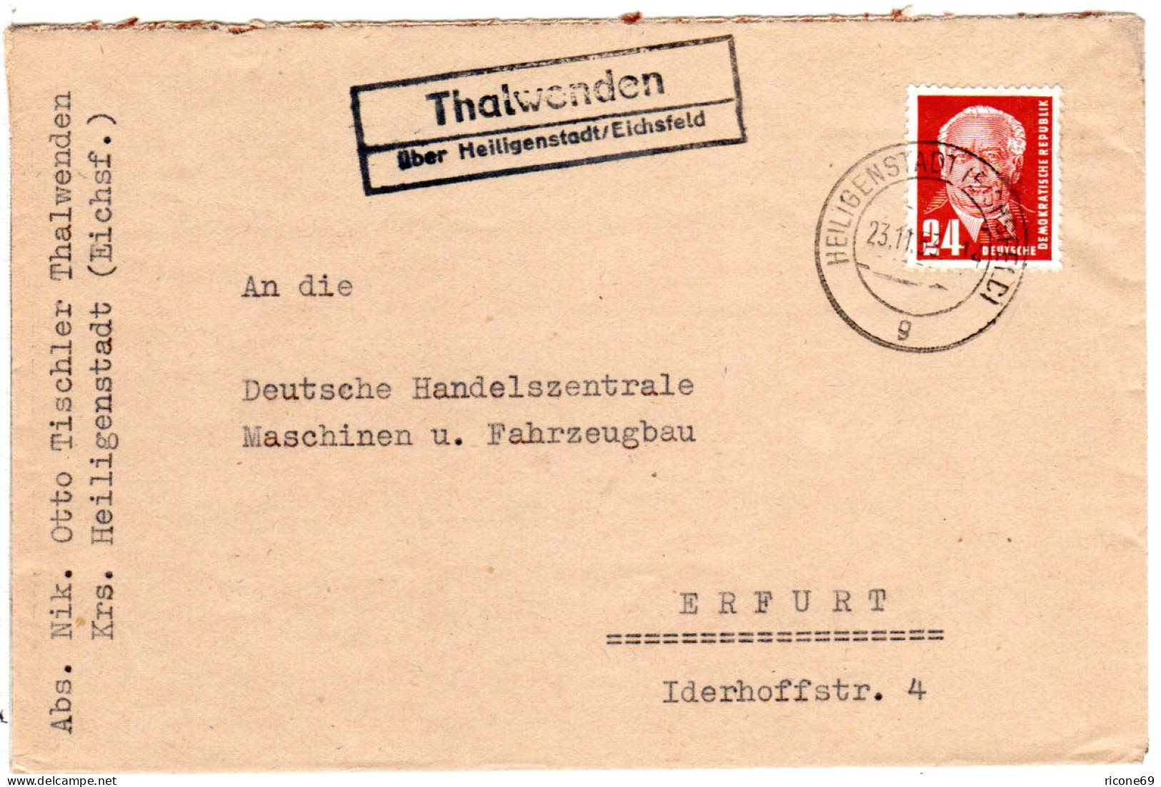 DDR 1953, Landpost Stpl. THALWENDEN über Heiligenstadt Auf Brief M. 24 Pf. - Brieven En Documenten